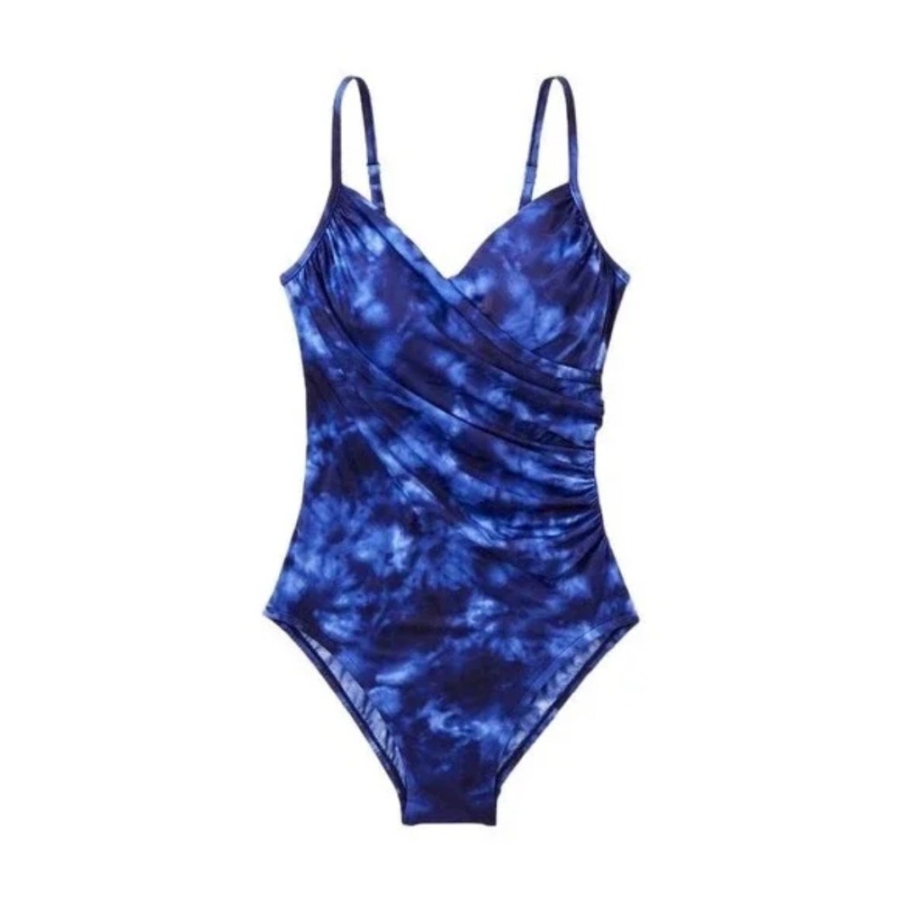 Aqua Green‎ Blue Tie Dye One Piece Swimsuit XL Ruched Wrap Front Adjust Straps